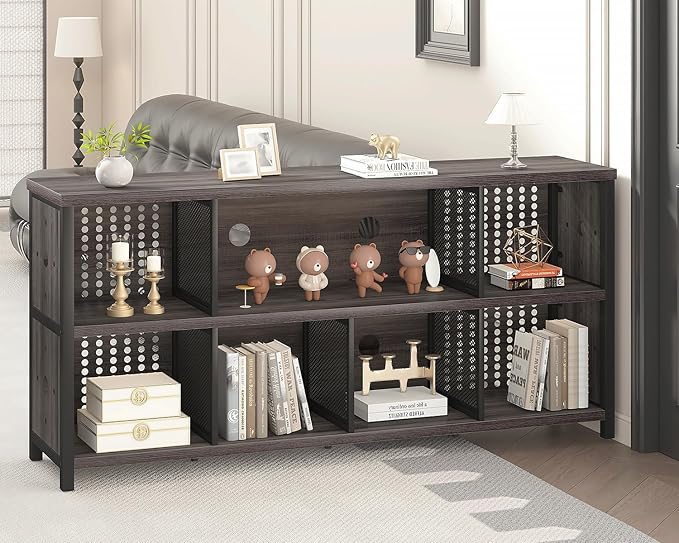 LVB Industrial Horizontal Bookcase, Rustic Wood 4 5 6 7 8 Cube Bookshelf, Modern Wide Long Low Book Shelf, Vintage Large Open Cube Storage Organizer for Office Bedroom Living Room, Dark Gray Oak 63 In