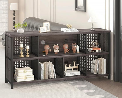 LVB Industrial Horizontal Bookcase, Rustic Wood 4 5 6 7 8 Cube Bookshelf, Modern Wide Long Low Book Shelf, Vintage Large Open Cube Storage Organizer for Office Bedroom Living Room, Dark Gray Oak 63 In
