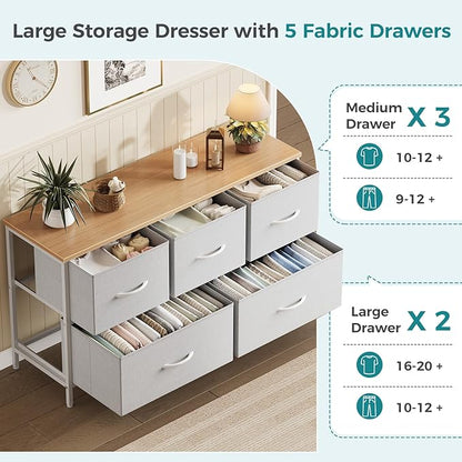 OLIXIS Dresser for Bedroom with 5 Drawers, Wide Chest of Drawers, Fabric Bedroom Dresser with Drawer Organizer, Storage Organizer Unit with Fabric Bins for Closet, Living Room, Hallway, Light Grey