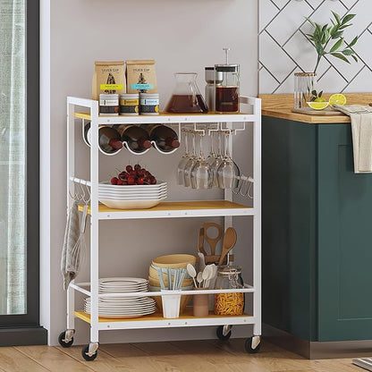 TUTOTAK Bar Cart, Serving Cart for Home, Microwave Cart, Drink Cart, Mobile Kitchen Shelf with Wine Rack and Glass Holder, Rolling Beverage Cart BC01BOW030