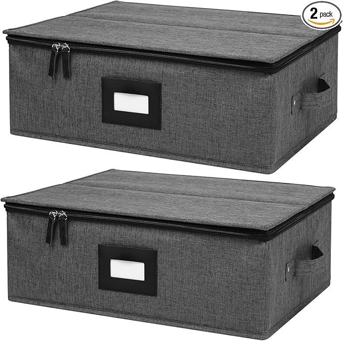 Mayniu Cup and Mug Storage Box 2Pack, China Storage Containers for 12 Tea Cups or Coffee Mugs with Zipper Lid and Rivet Reinforced Handles, Hard Shell and Stackable (Black)