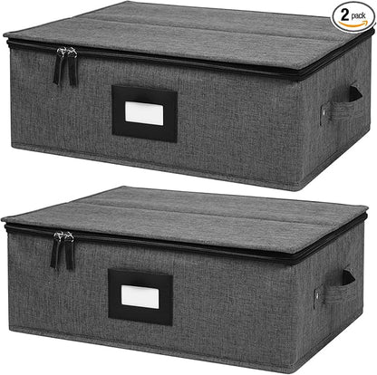 Mayniu Cup and Mug Storage Box 2Pack, China Storage Containers for 12 Tea Cups or Coffee Mugs with Zipper Lid and Rivet Reinforced Handles, Hard Shell and Stackable (Black)