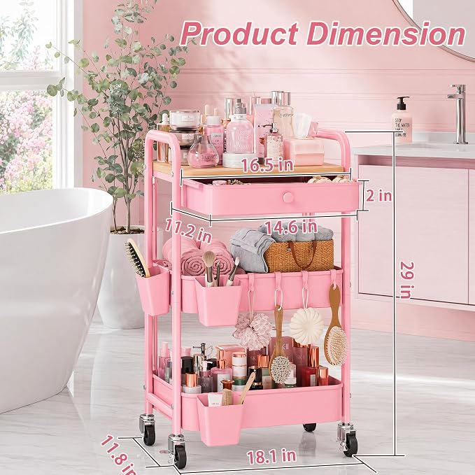 3 Tier Pink Rolling Cart with Drawer for Makeup Storage, Metal Utility Cart with Wheels, Make up Shelf Hair/Lash/Nail Polish/Skincare/Perfume Organizer, Floor Storage Vanity Carts for Bathroom,Salon