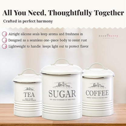 noonberry Kitchen Canisters for Countertop - 3-Piece Airtight Kitchen Canister Set - Sugar Coffee Tea Containers for Kitchen Counter - Cream-White Magnolia Finish