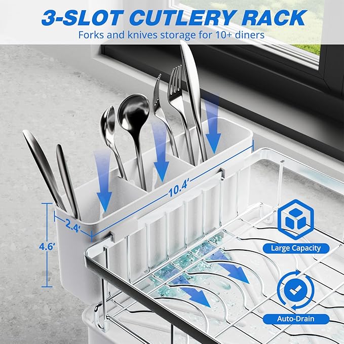 Godboat Dish Drying Rack, 2-Tier Dish Rack with Auto-Drain & Mat, 304 Stainless Steel Dish Racks for Kitchen Counter, Dish Drainer with Knife, Fork & Cup Rack, Gifts for Women, Mothers Day, Silver