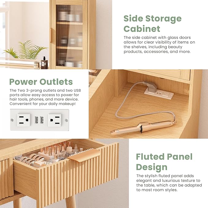 Fluted Vanity Desk with Mirror and Lights, Glass Top Makeup Vanity with 5 Drawers and Glass Door Cabinet,9-Grid Organizer, Charging Station, Lighting Adjustable Dressing Table, Natural Oak