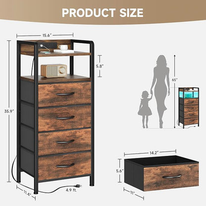 Lazzanto Night Stand Bedside Table Bedroom - Tall Nightstand with Charging Station & LED Light Strip, Bed Side Table with Storage Shelf & 4 Drawers, End Table with U-S-B Ports & AC Outlets, Brown