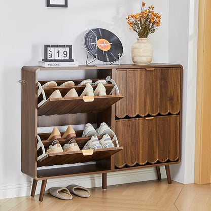 ORRD Shoe Storage Cabinet for Entryway with 4 Flip Drawers, Freestanding Narrow Wood Shoe Cabinet with Wave Panel, Hidden Shoe Organizer for Foyer, Hallway (Walnut)