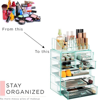 Sorbus Acrylic Makeup Organizer Set, 7-Drawer Vanity & Countertop Cosmetic Storage with Small & Wide Compartments, Teal Thrill Makeup Storage for Brushes, Jewelry – Holiday Gift for Women & Teens