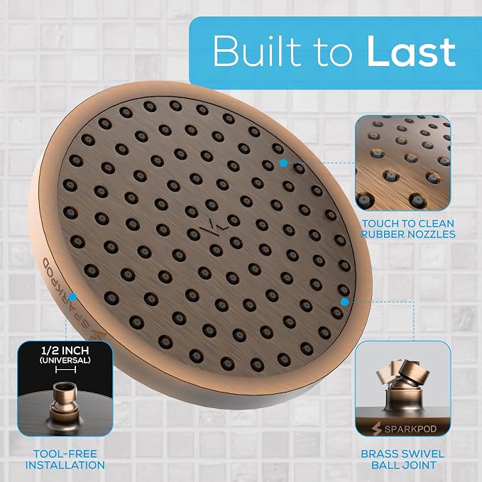 SparkPod Rain Shower Head, 8 Inch Round | High Pressure Shower Heads, 90 Nozzle (Touch-to-Clean), Adjustable Showerhead, No-tool Universal Connection