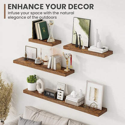 Acovy 36 Inch Floating Shelves, 8 Inch Deep Floating Shelves for Wall, Hanging Shelf with Invisible Brackets, Deep Shelves for Bathroom, Bedroom, Living Room, Brown, Set of 2