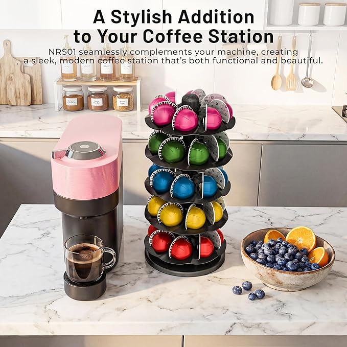 EVERIE Coffee Pod Holder for Vertuo Capsules, 40-Pod Rotating Carousel Organizer, Space-Saving Countertop Display, Smooth Spin & Secure Upright Slots, Fits All Vertuo Sizes (Black)