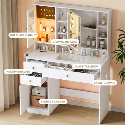 Vanity Desk with Mirror and Lights, White Vanity with Lighted Mirror and RGB Cabinet & Jewelry Organizers, Makeup Vanity Desk with Lights, Glass Top Dressing Table for Girls Bedroom