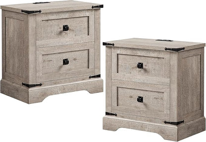 T4TREAM 24" Farmhouse Nightstand with Charging Station Set of 2, Large End Table with 2 Storage Drawers, Rustic Wood Sofa Bedside Table for Bedroom, Light Rustic Oak