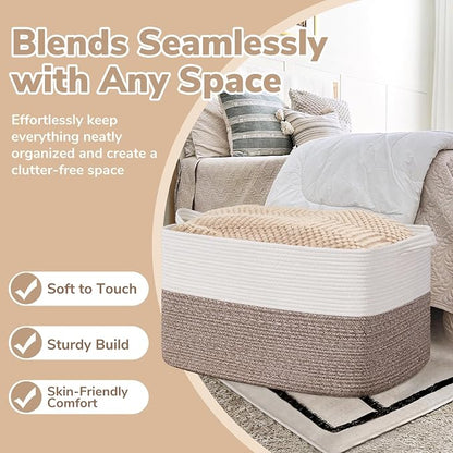 Goodpick Large Woven Blanket Basket 21.6" x 14.9" x 11.8" Storage Baskets for Organizing, Baby Laundry Basket with Handles, Toy Storage Baskets for Living Room Nursery, Brown