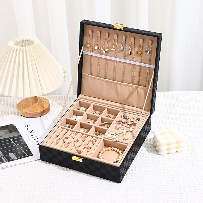 Jewelry Organizer Box, Jewelry Box Organizers for Women Girls, Jewellery Display Holder, 2 Layers Large Leather Jewels Storage Case for Earring, Rings, Necklaces, Bracelets, Watch, Ideal Gift (Black)