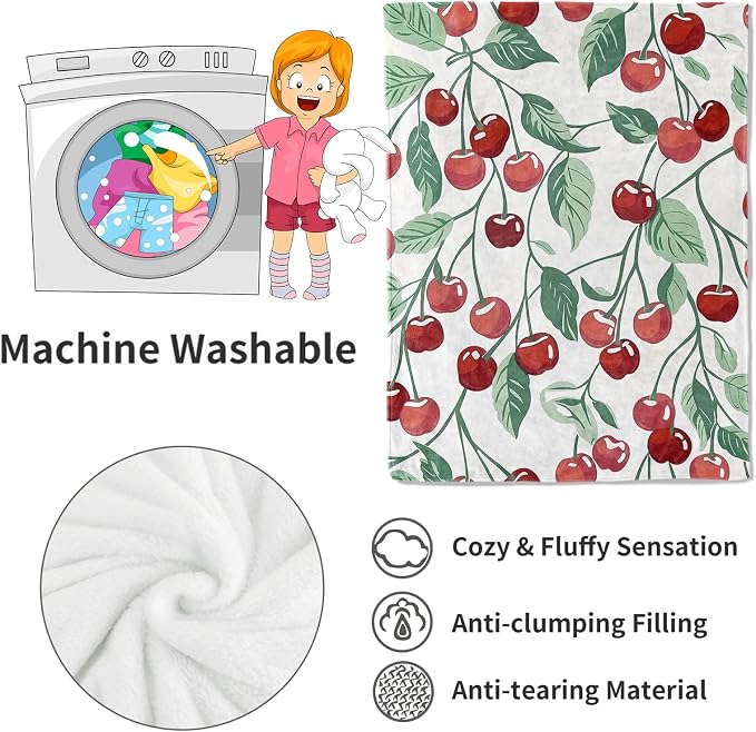 Cherry Blanket Fresh Red Fruit Throw Blankets with Green Leaves,Birthday Gifts for Kids Adult Women,Lightweight Soft Fleece,for Sofa Couch Bed Room Farmhouse Summer Decor 40x50in