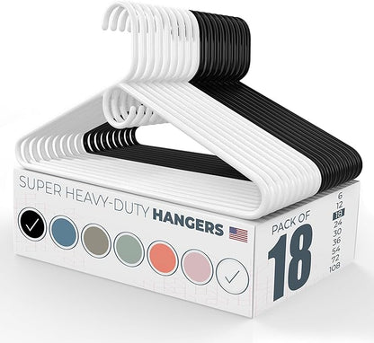 Neaties Super Heavy Duty Clothes Hangers 18 Pack – Made in The USA - 10lb Capacity, Thick Plastic Hangers for Pants, Coats, Jackets, Jeans and Adult Clothing – White & Black