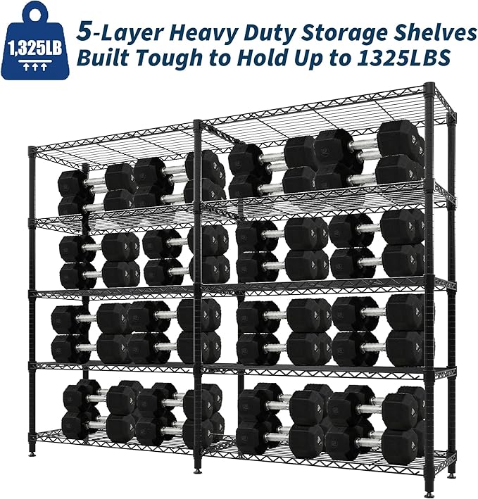 GarveeLife 70" H Storage Shelves L-Shaped 1325 LBS Heavy Duty Metal Shelving 5-Tier Wire Shelving for Corner Storage Rack Adjustable Pantry Shelf for Kitchen Pantry, 70.5" H x 59" W x 13.8" D