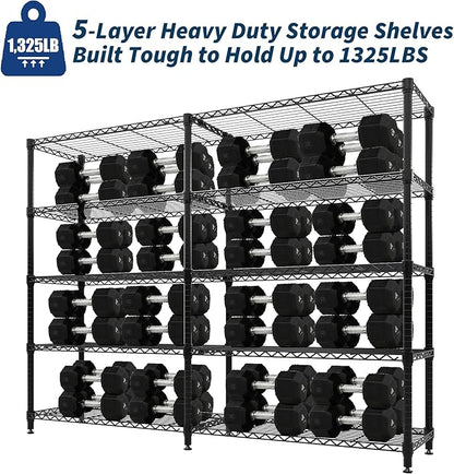 GarveeLife 70" H Storage Shelves L-Shaped 1325 LBS Heavy Duty Metal Shelving 5-Tier Wire Shelving for Corner Storage Rack Adjustable Pantry Shelf for Kitchen Pantry, 70.5" H x 59" W x 13.8" D