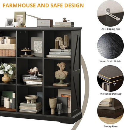 IRONCK Wooden 9 Cube Storage Organizer, Cube Shelf Organizer with Storage, Farmhouse Short Bookshelf for Bedroom, Living Room and Home Office, Black