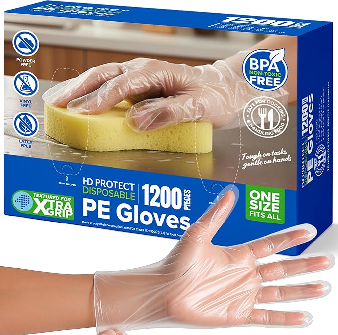 Disposable Plastic Gloves 1200 Pack – Food Safe, BPA & Latex-Free HDPE Cryogenic Gloves for Cooking, Food Prep, Kitchen Use, Serving & Crafts – Clear, Single-Use, Comfortable Fit