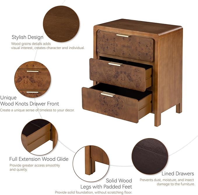 COZAYH Farmhouse Nightstand with 3 Drawer, Distressed Wood Rustic Accent Dresser, Burl Finish Bedside Table for Bedroom, Entryway, Fully Assembled, Brown