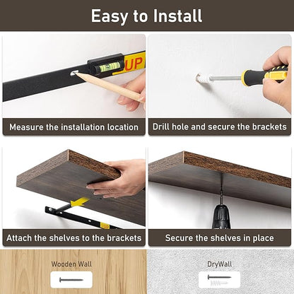 Floating Shelves for Wall, 32W x 8D Floating Wall Shelves with Invisible Brackets Set of 2, Hanging Rustic Wood Shelf Decoration for Bedroom, Bathroom, Living Room and Kitchen, Rustic Brown