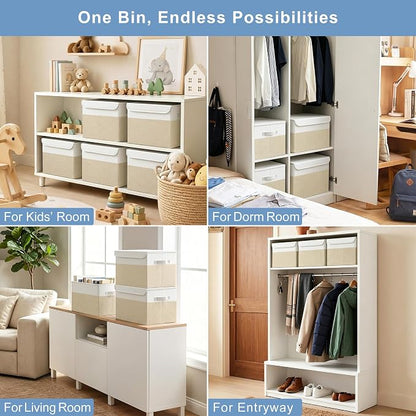 Bagnizer Large 22 Quart Linen Fabric Foldable Storage Bin Cube Organizer Basket with Flip-Top Lid & Handles, Clothes Blanket Box for Home, Office, Closet, Beige & White, 4 Pack 14.6 x 9.5 x 9.5”