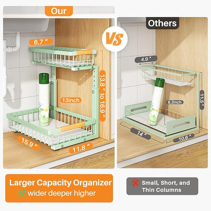 PXRACK Under Sink Organizer, Adjustable Height, 2 Tier Pull Out Under Cabinet Organizer, Slide Out Thickened Metal Under Sink Storage for Kitchen Bathroom Laundry Pantry Cabinet, Green, Large-2-Pack