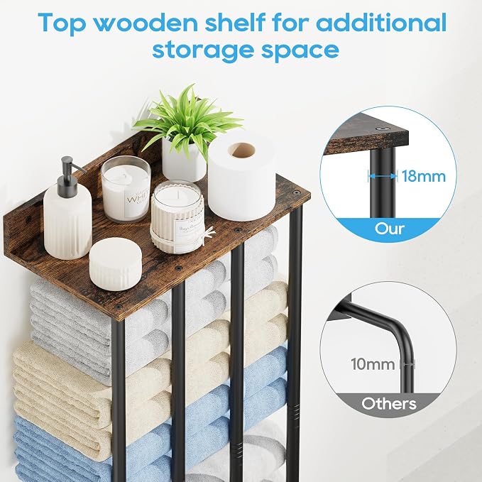 Towel Racks for Bathroom Wall Mounted, Updated 4 Bar Wall Towel Holder | Large Bathroom Towel Storage Rack for Rolled Towels, Vintage Metal Towel Organizer Shelf with Wooden Storage Shelf