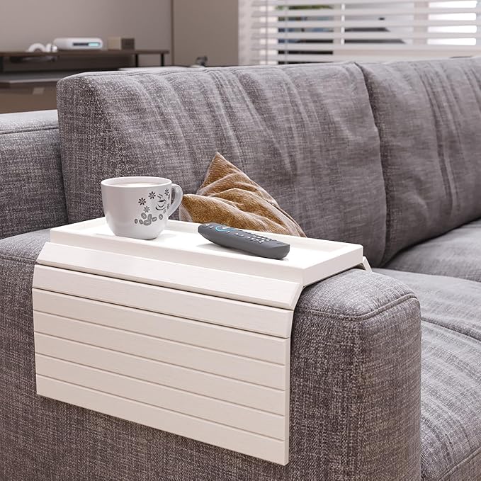 Sofa Arm Tray,Bamboo Folding Couch Arm Tray,Sofa Armrest Trays with Anti-Slip Pad for Drinks,Snacks,Phone,Remote Control（White）