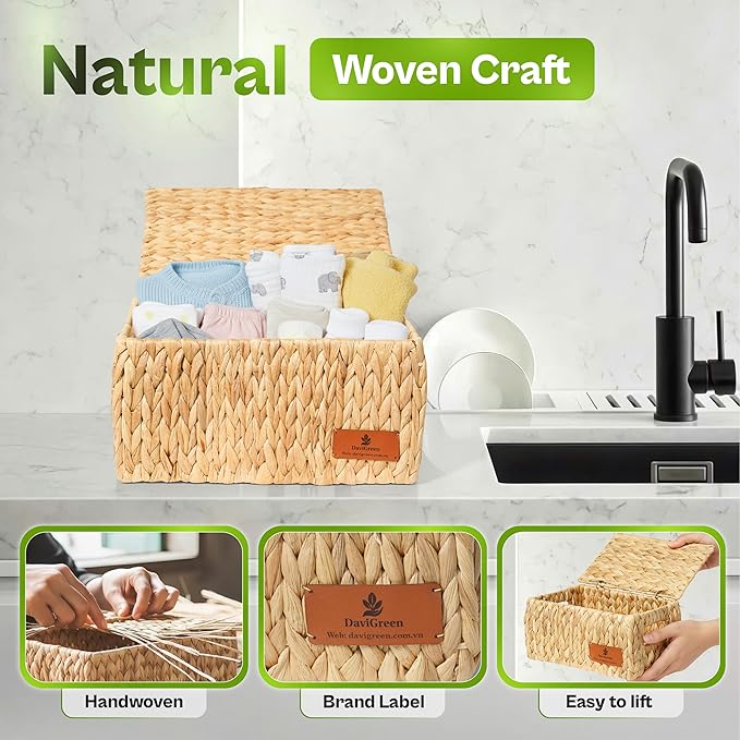 Natural Water Hyacinth Storage Baskets, 3-Piece Handwoven Nesting Organizer Set, Decorative Woven Containers for Bathroom, Kitchen, Living Room (Set 3 Baskets with Lids)
