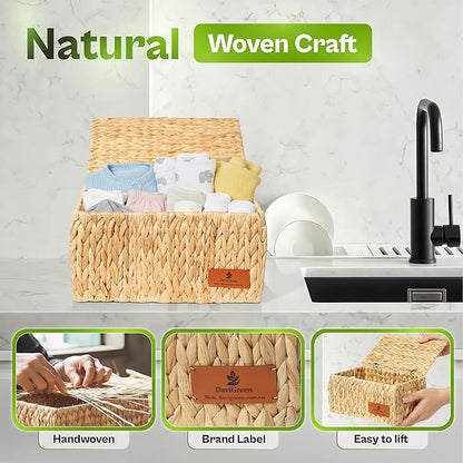 Natural Water Hyacinth Storage Baskets, 3-Piece Handwoven Nesting Organizer Set, Decorative Woven Containers for Bathroom, Kitchen, Living Room (Set 3 Baskets with Lids)