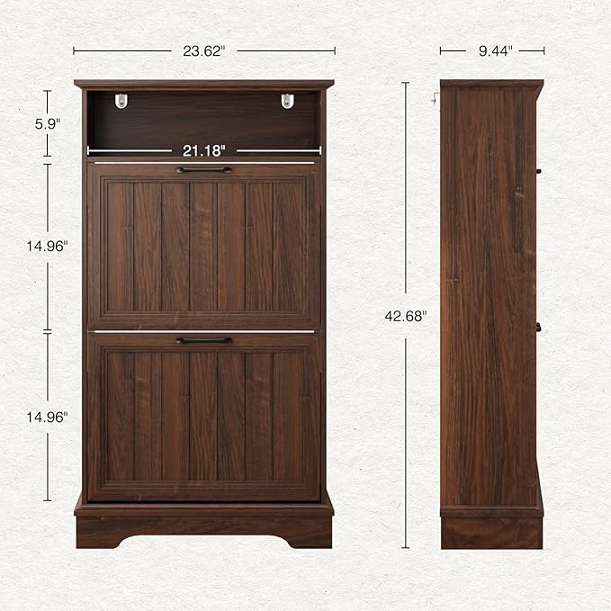Shoe Storage Cabinet with 2 Flip Drawers, 24" W Farmhouse Modern Hidden Shoes Rack Cabinet with Adjustable Shelves & Open Storage, Narrow Slim Shoe Organizer for Front Door Entrance, Entryway, Walnut