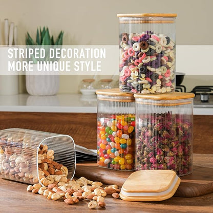37oz Airtight Glass Square Storage Canisters with Bamboo Lids Set of 4 (1100ml) Striped Stackable Containers, Decorative Kitchen Jars for Tea, Nuts and Coffee (‎with Black Lable)