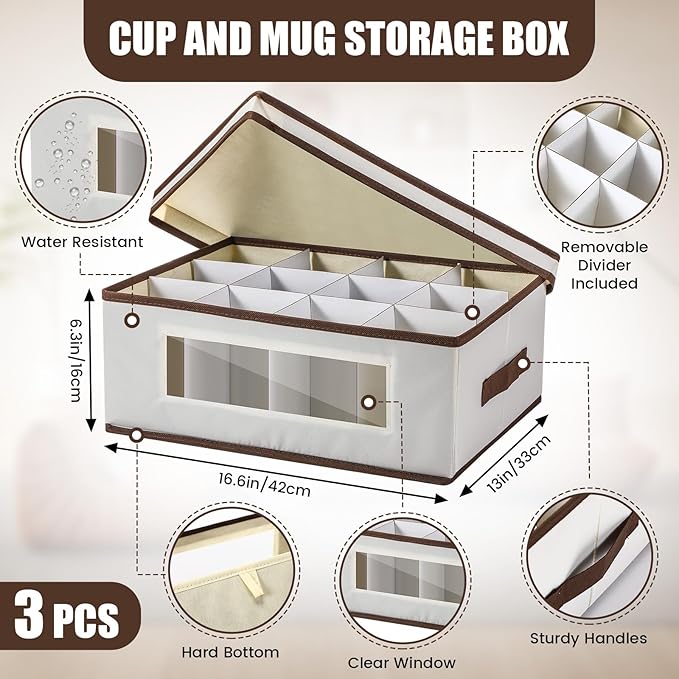 Norme 3 Pack Wine Glasses Storage Box with Dividers, 12 Compartments Stemware Storage Cases Champagne Flute Box with Lid Handle Window China Container Organizer for Moving(Mug Size,Beige)