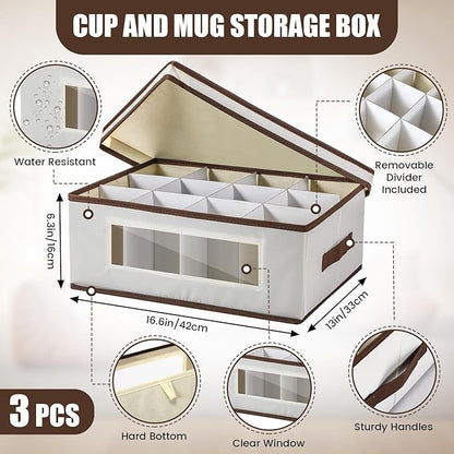Norme 3 Pack Wine Glasses Storage Box with Dividers, 12 Compartments Stemware Storage Cases Champagne Flute Box with Lid Handle Window China Container Organizer for Moving(Mug Size,Beige)
