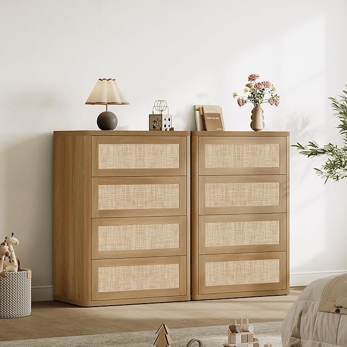 SICOTAS 4 Drawer Dresser for Bedroom-40.59'' Tall Rattan Bedroom Dressers with Oversized Drawers, Modern Wooden Chest of Drawers, Push-to-Open Storage Dresser for Closet, Nursery, Amber Oak