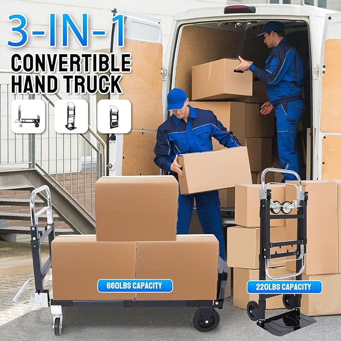 KAFLLA 3-in-1 Folding Hand Truck, 660 lbs Heavy Duty Convertible Hand Truck Dolly with Retractable Handle & 4 Rubber Wheels, Collapsible Moving Cart for Home, Office & Warehouse