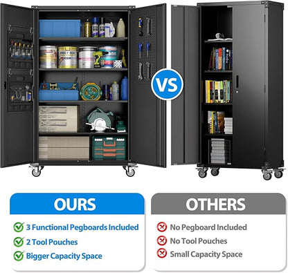 2025 Upgraded Wide & Deep Garage Storage Cabinet with Wheels, Lockable Metal Storage Cabinet with Pegboards and 9 Hooks, 2 Tool Pouches for Garage,4 Adjustable Shelves (Black,43''W x 22''D x 72''H)