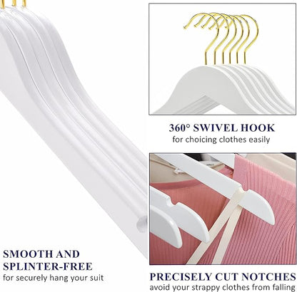 Amber Home 24 Pack White Wooden Hangers with Gold Hooks, White Wood Shirt Hangers with Notches for Dress, Coat, Bridal