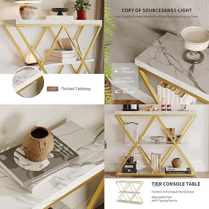 Garvee 3-Tier Entryway Table, Industrial Console Sofa Table with Storage, Accent Table with Open Shelves, X-Shaped Gold Metal Frame, Foyer Table for Entryway, Hallway, Foyer, Living Room, White