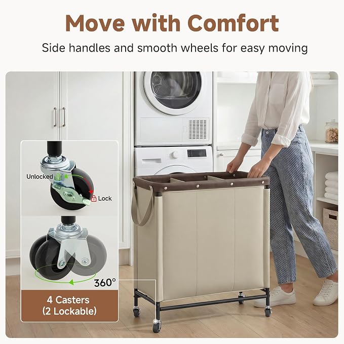 StorageWorks 3 Section Laundry Hamper, Rolling Laundry Cart with Wheels and Handles, Laundry Room Double Sorter for Organizer and Storage, 31.7 Gal(120L), Light Khaki
