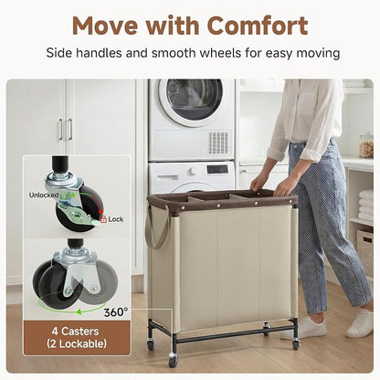 StorageWorks 3 Section Laundry Hamper, Rolling Laundry Cart with Wheels and Handles, Laundry Room Double Sorter for Organizer and Storage, 31.7 Gal(120L), Light Khaki