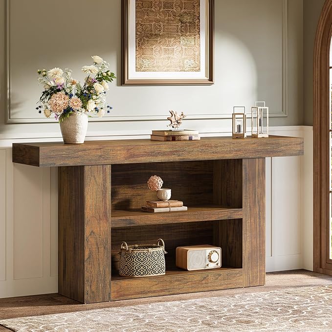 Tribesigns 63-Inch Console Table with Storage, 3-Tier Farmhouse Entryway Table with U-Shaped Base, Wooden Sofa Table Behind The Couch for Entrance, Hallway, Living Room Foyer, Brown
