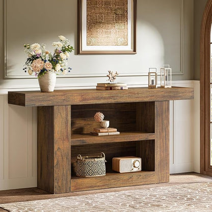 Tribesigns 63-Inch Console Table with Storage, 3-Tier Farmhouse Entryway Table with U-Shaped Base, Wooden Sofa Table Behind The Couch for Entrance, Hallway, Living Room Foyer, Brown