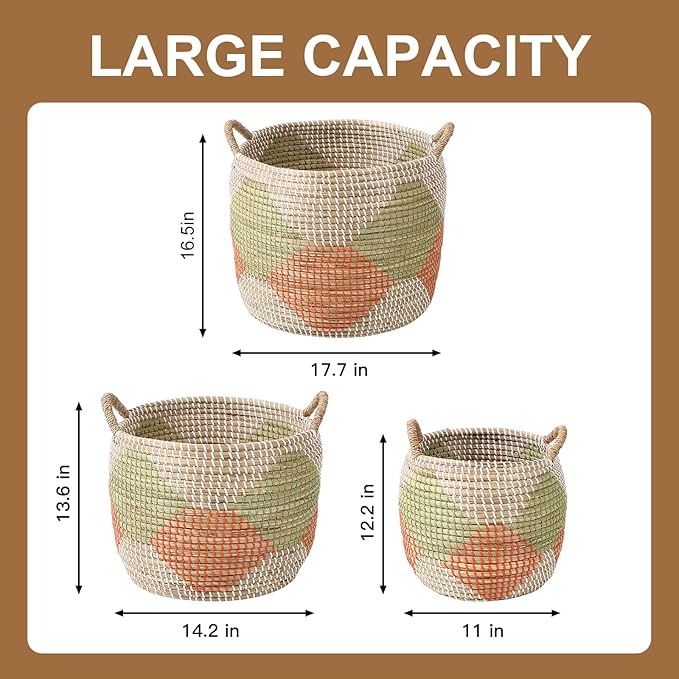 Laundry Basket, 3 Pack Seagrass Baskets, Handwoven Woven Laundry Hamper with Handles, 56L, 28L, 15L for Decor Storage of Dirty Clothes,Toys and Blankets in Bathroom, Nursery, Living Room