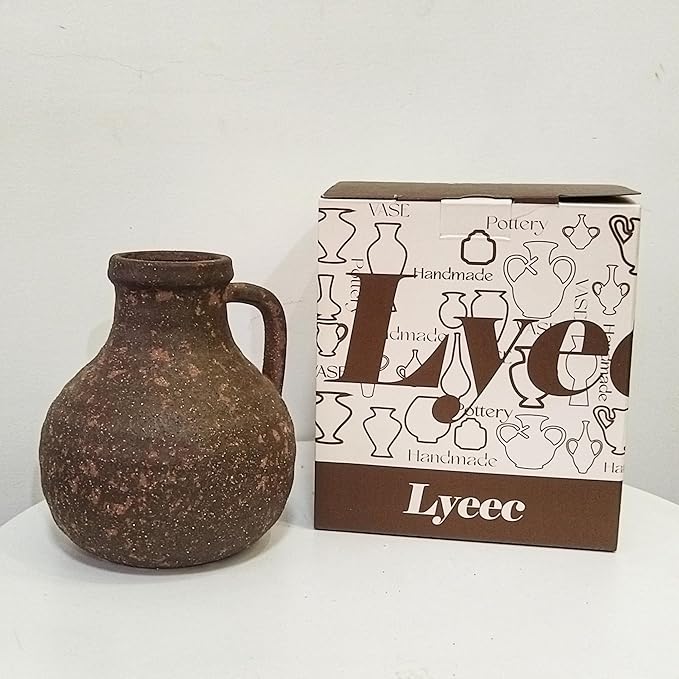 Ceramic Flower Rustic Vase, 7.1 Inch Farmhouse Rusty Vases for Home Decor Handcrafted Pottery Vase Small Terracotta Vases for Dining Table Decor Fireplace Living Room Bathroom Wedding Centerpiece