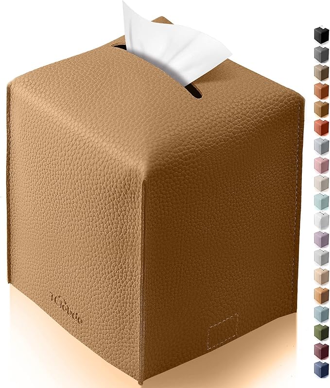 Tclouda Tissue Box Cover for PU Leather, Modern Simple Solid Color Holder Square Tissue Bag, Ideal for Bathrooms,Office,Car,Nightstand,Outdoor Tent,Dining Table,5"X5"X5", Single Bronze